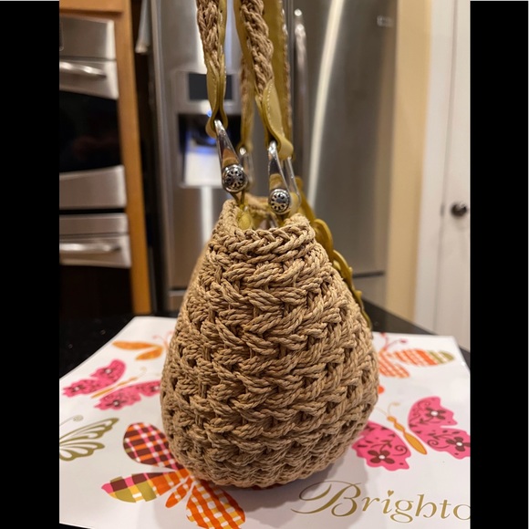 BRIGHTON YELLOW LEATHER BUTTERFLY ON THICK JUTE SHOULDER BAG PURSE - Picture 5 of 16